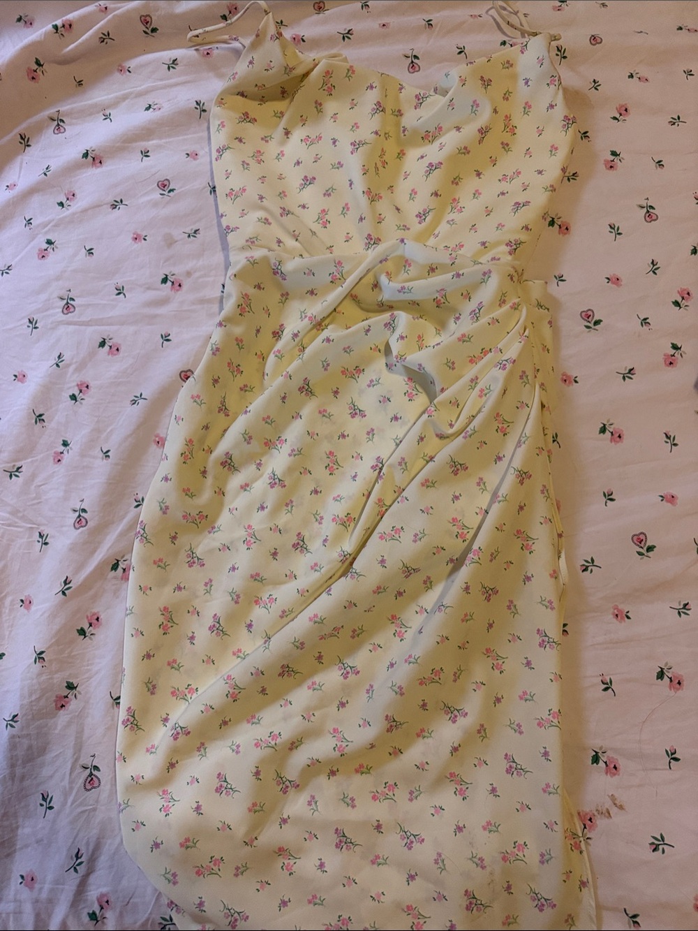 House of CB Yellow Floral Midi Slip Dress with Pink Accents